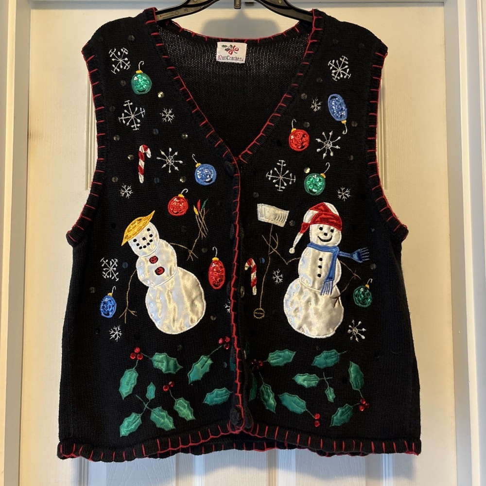 VTG Nutcracker Black Christmas Snowman Ugly Holiday Sweater Vest Knit XL
